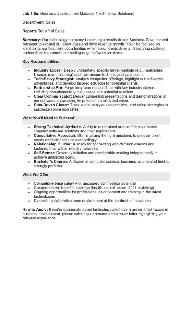 Sample Job Description for a Business Development Manager 01