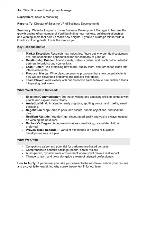 Sample Job Description for a Business Development Manager 02
