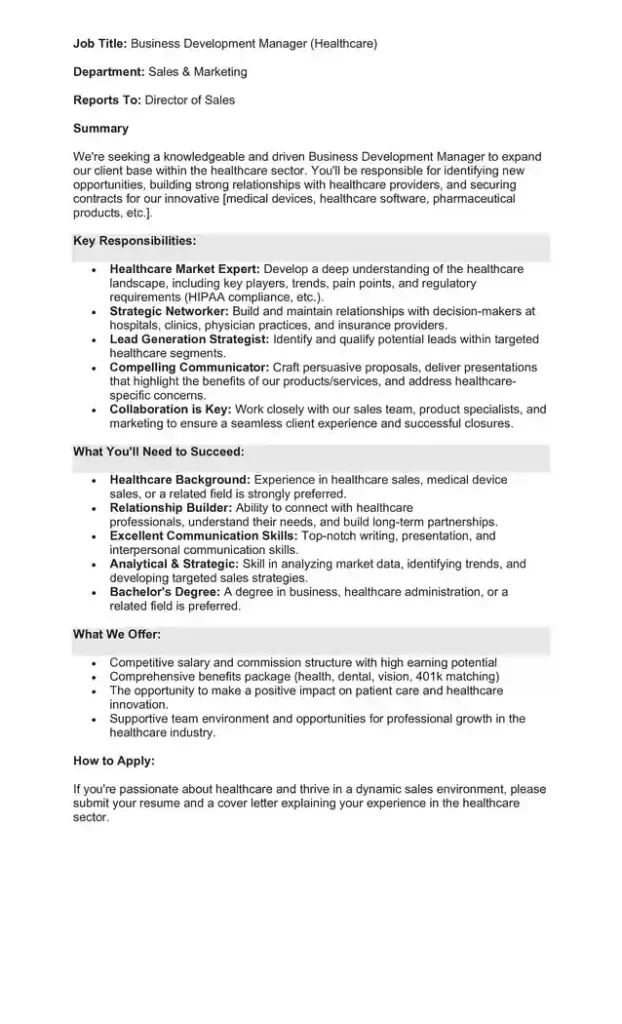 Sample Job Description for a Business Development Manager 04