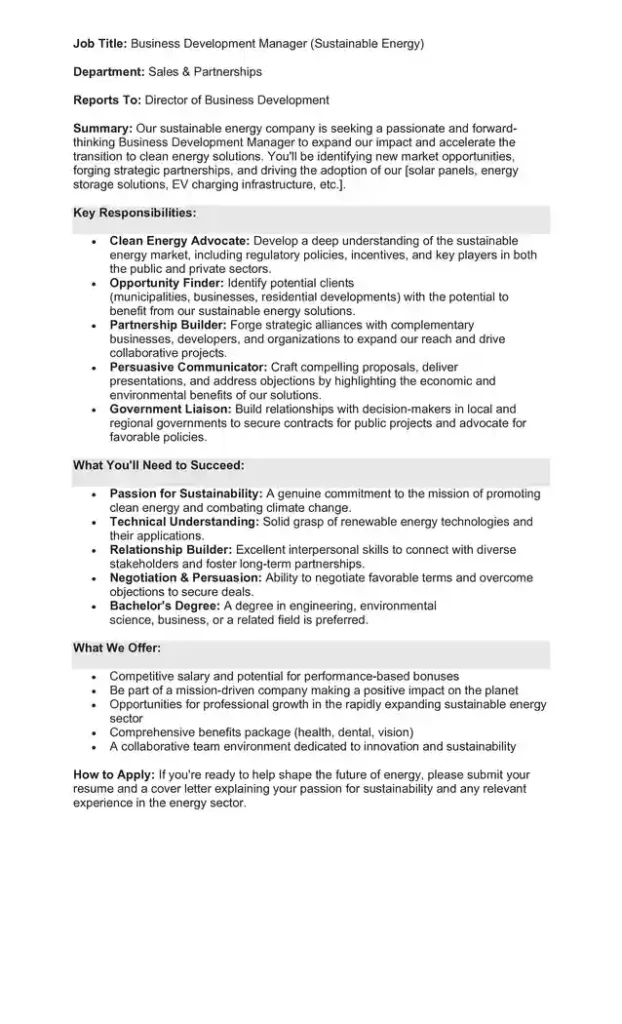 Sample Job Description for a Business Development Manager 06
