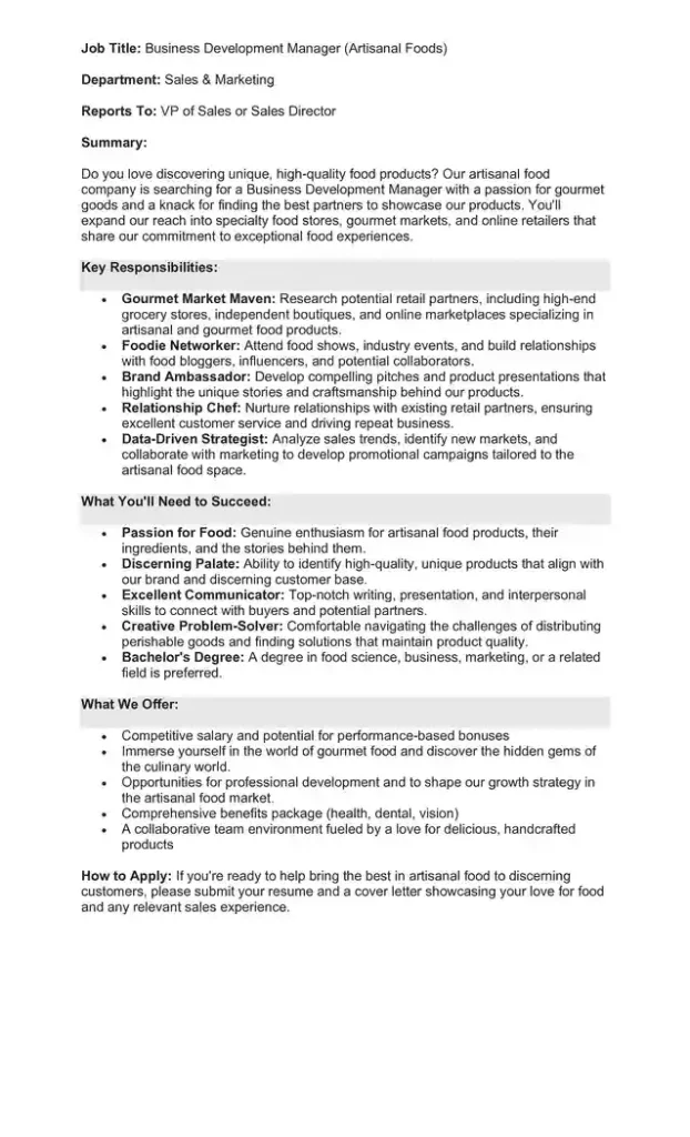 Sample Job Description for a Business Development Manager 07