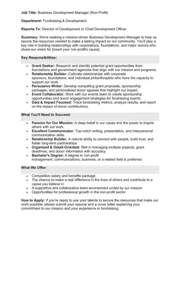 Sample Job Description for a Business Development Manager 08