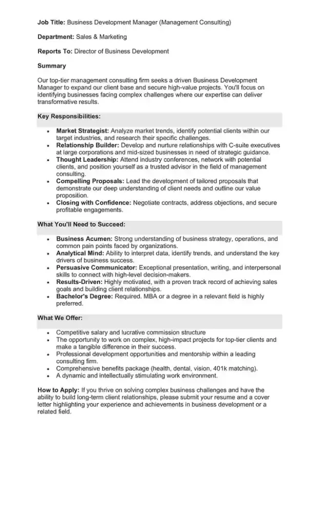 Sample Job Description for a Business Development Manager 11
