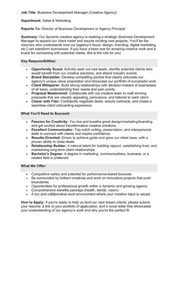 Sample Job Description for a Business Development Manager 12