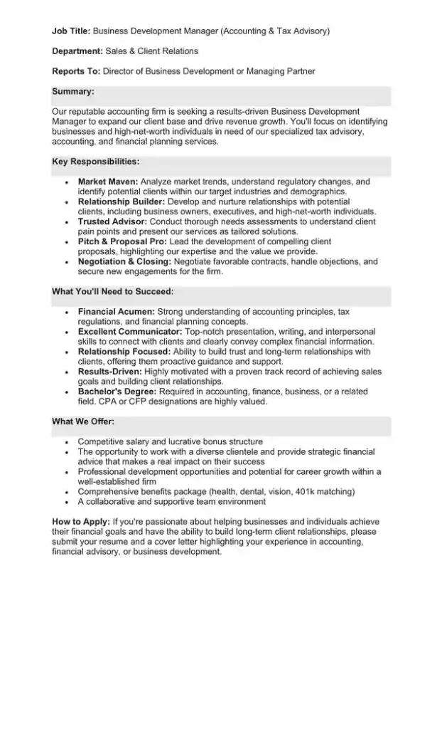 Sample Job Description for a Business Development Manager 13