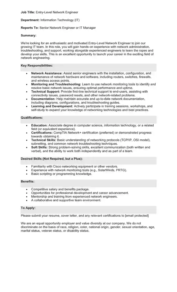 Sample Job Description for a Network Engineer 01 Sample Job Description for a Network Engineer 01