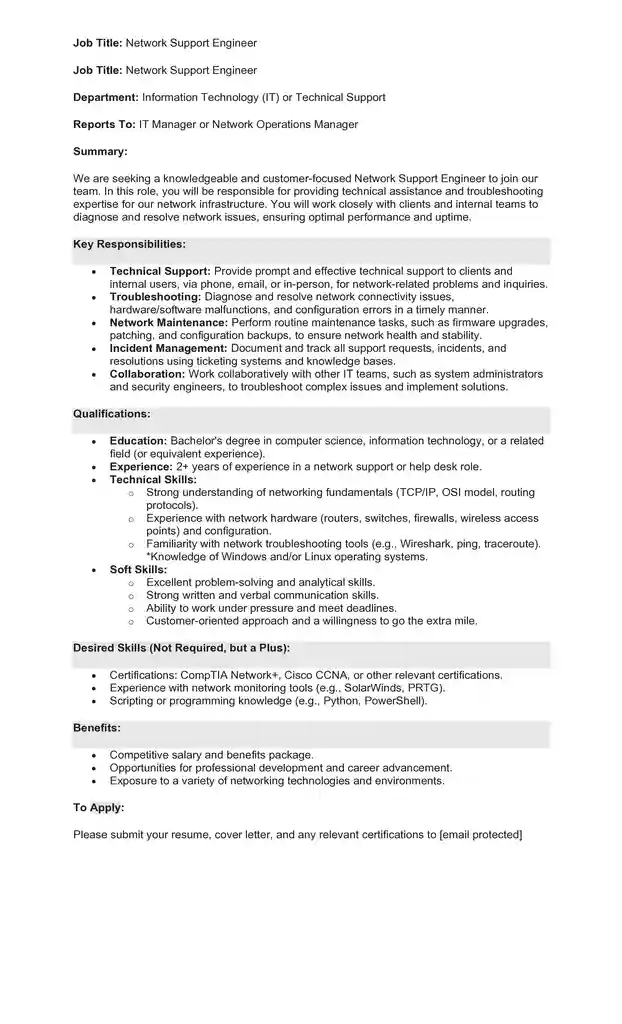 Sample Job Description for a Network Engineer 02 Sample Job Description for a Network Engineer 02
