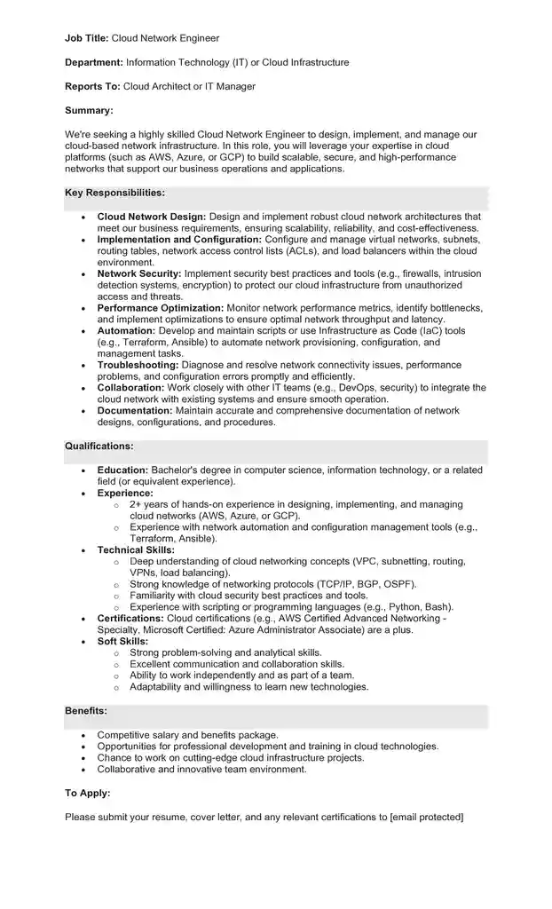Sample Job Description for a Network Engineer 03 Sample Job Description for a Network Engineer 03