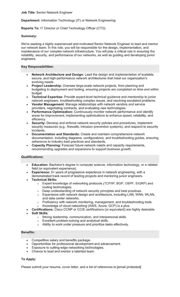 Sample Job Description for a Network Engineer 04 Sample Job Description for a Network Engineer 04