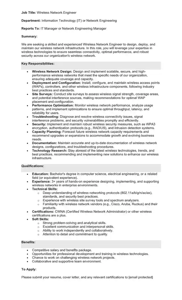 Sample Job Description for a Network Engineer 05 Sample Job Description for a Network Engineer 05
