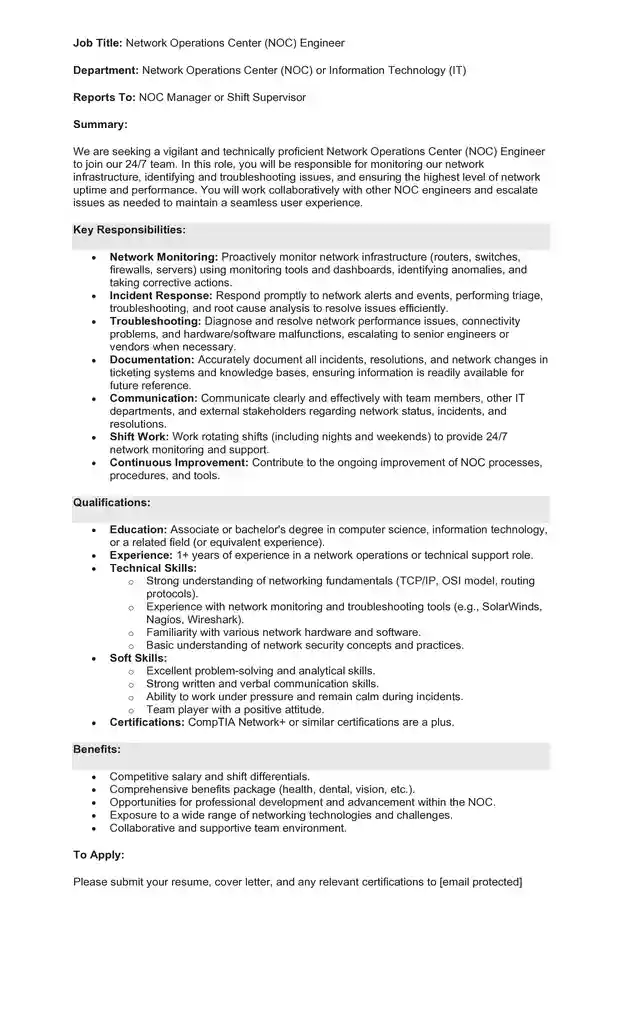 Sample Job Description for a Network Engineer 06 Sample Job Description for a Network Engineer 06