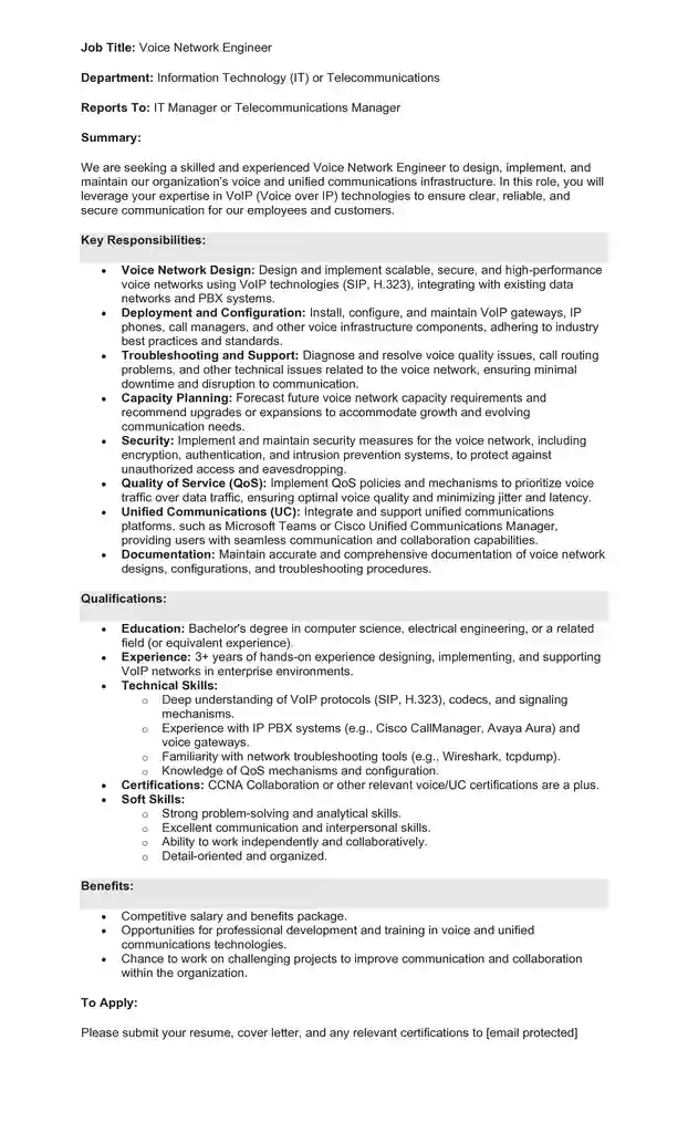 Sample Job Description for a Network Engineer 07 Sample Job Description for a Network Engineer 07