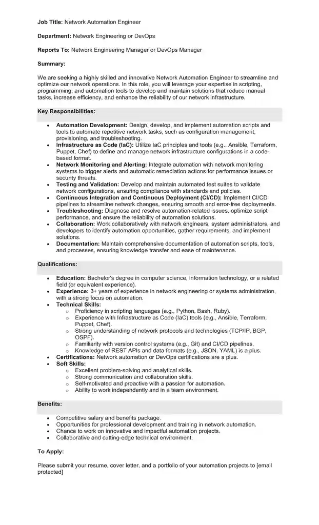 Sample Job Description for a Network Engineer 08 Sample Job Description for a Network Engineer 08