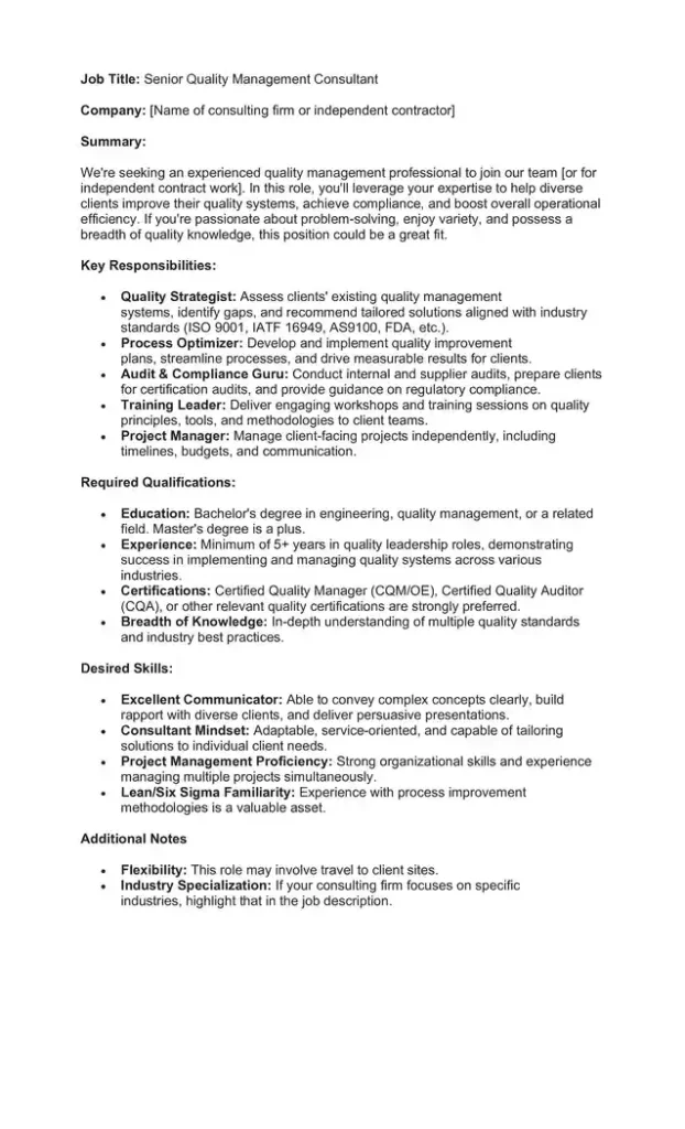 Sample Job Description for a Quality Manager 01