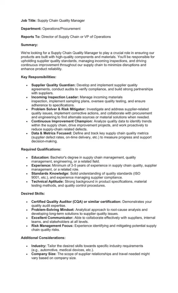 Sample Job Description for a Quality Manager 04