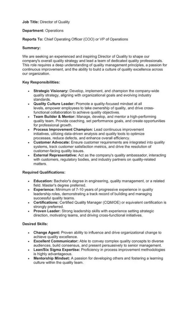Sample Job Description for a Quality Manager 05