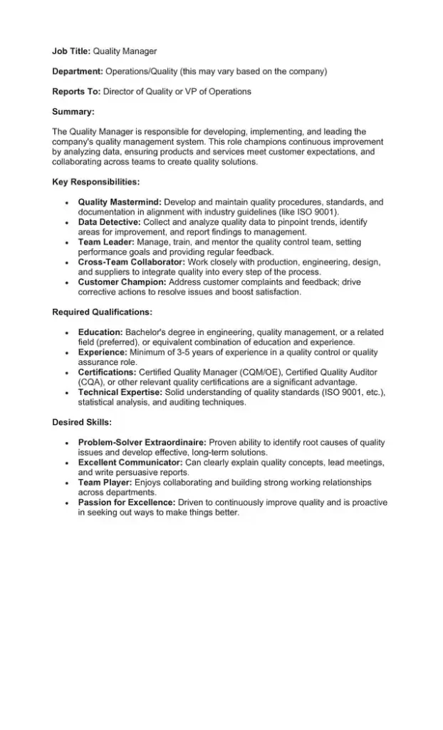 Sample Job Description for a Quality Manager 06