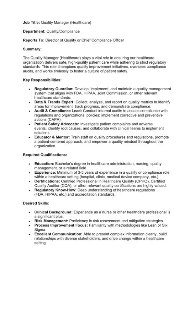 Sample Job Description for a Quality Manager 08