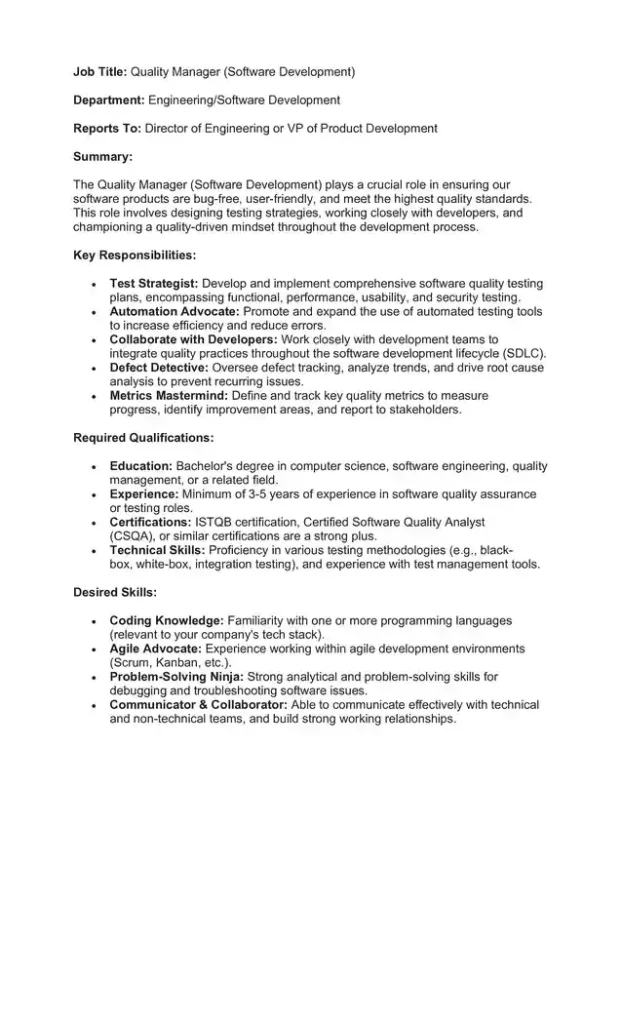 Sample Job Description for a Quality Manager 09
