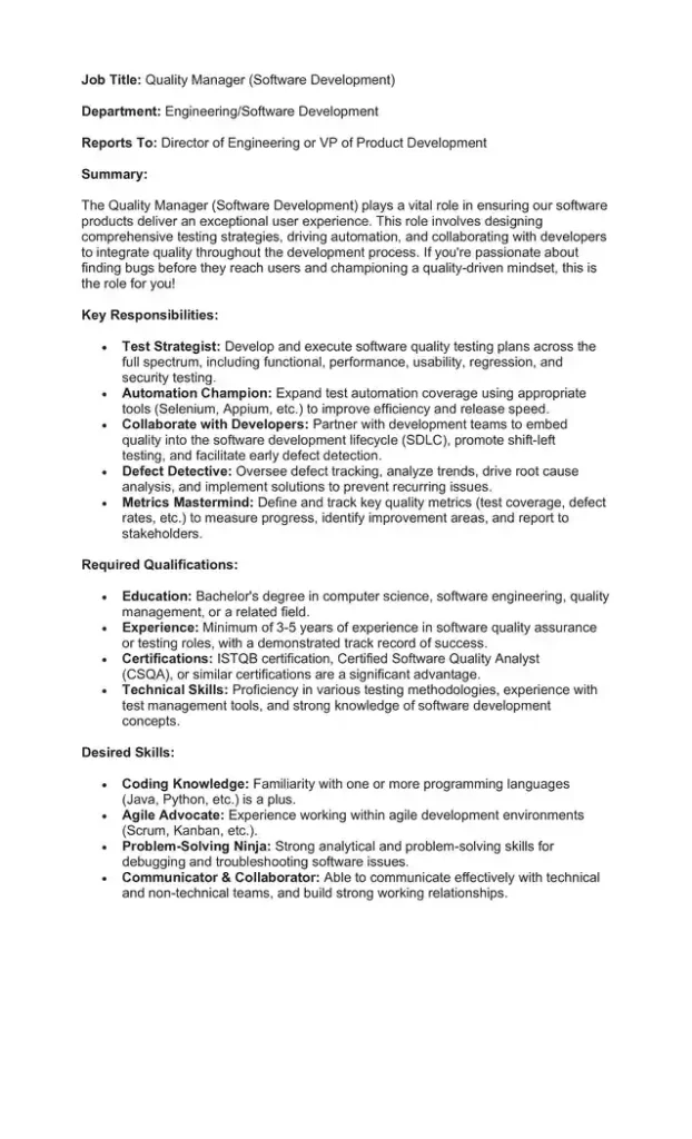 Sample Job Description for a Quality Manager 10