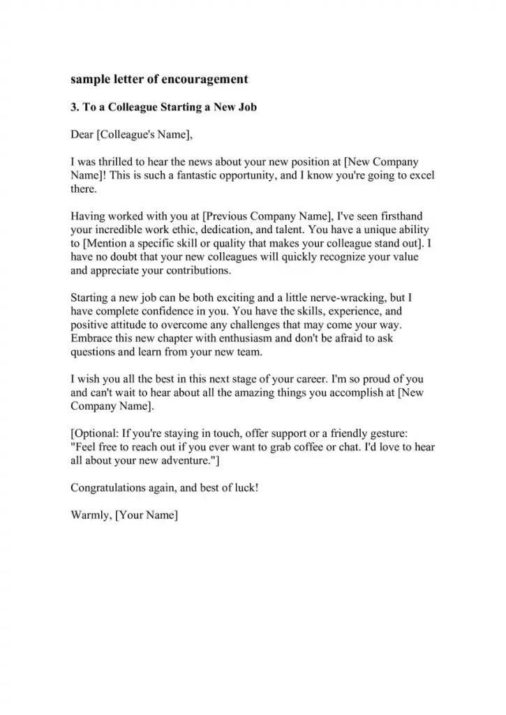 Example Letter of Encouragement To a Colleague Starting a New Job Example Letter of Encouragement To a Colleague Starting a New Job