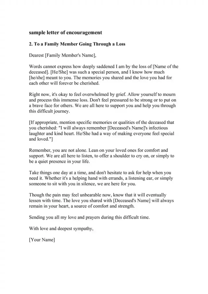 Example Letter of Encouragement  To a Family Member Going Through a Loss Example Letter of Encouragement  To a Family Member Going Through a Loss