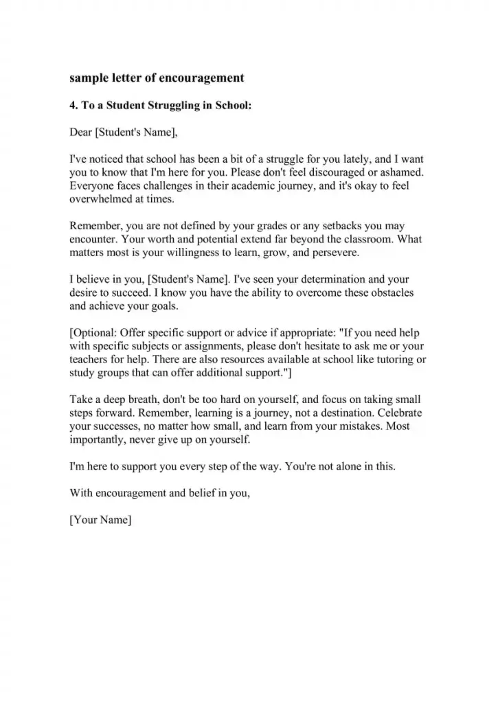 Example Letter of Encouragement To a Student Struggling in School Example Letter of Encouragement To a Student Struggling in School