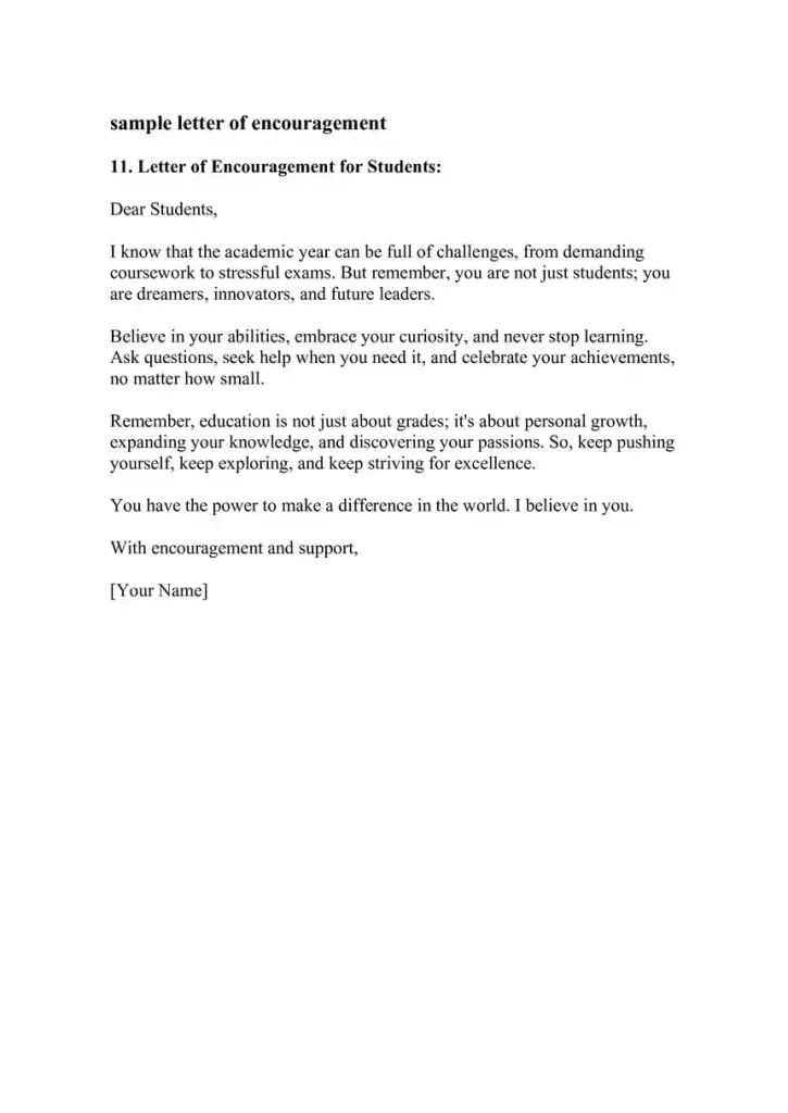 Example Letter of Encouragement for students Example Letter of Encouragement for students