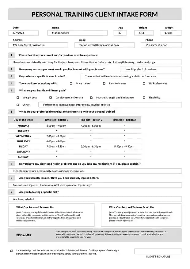 Personal Training Client Intake Form Personal Training Client Intake Form