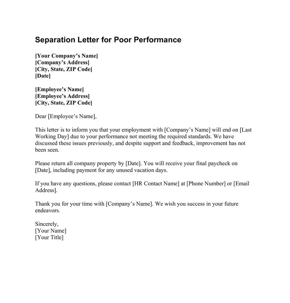 Separation Letter for Poor Performance