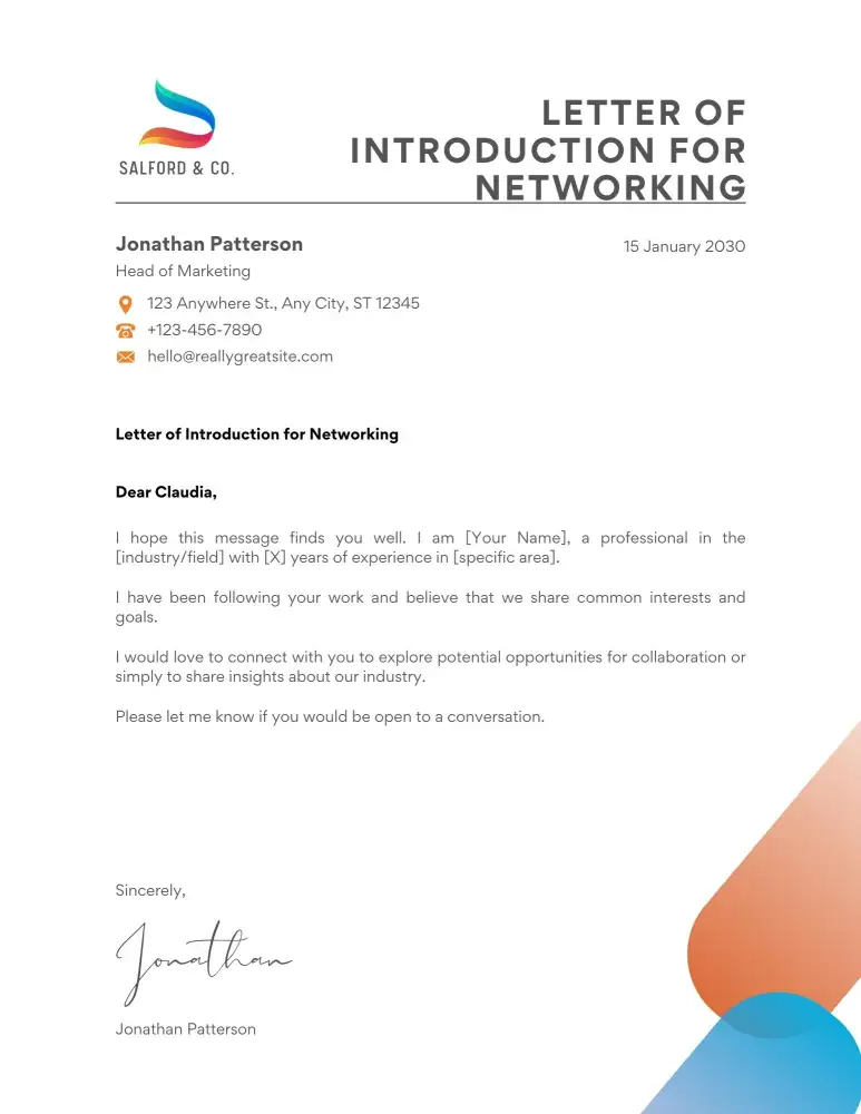Professional Letter of Introduction for Networking Professional Letter of Introduction for Networking