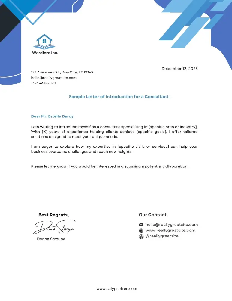 Professional Letter of Introduction for a Consultant Professional Letter of Introduction for a Consultant