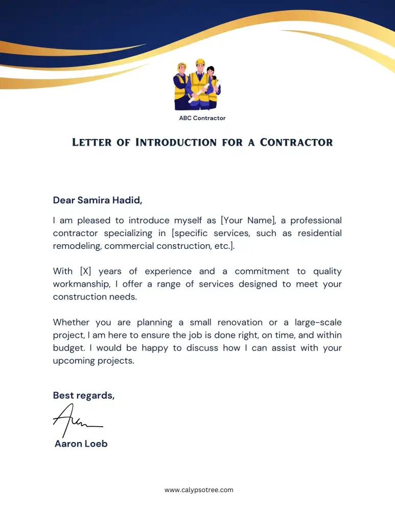 Professional Letter of Introduction for a Contractor Professional Letter of Introduction for a Contractor