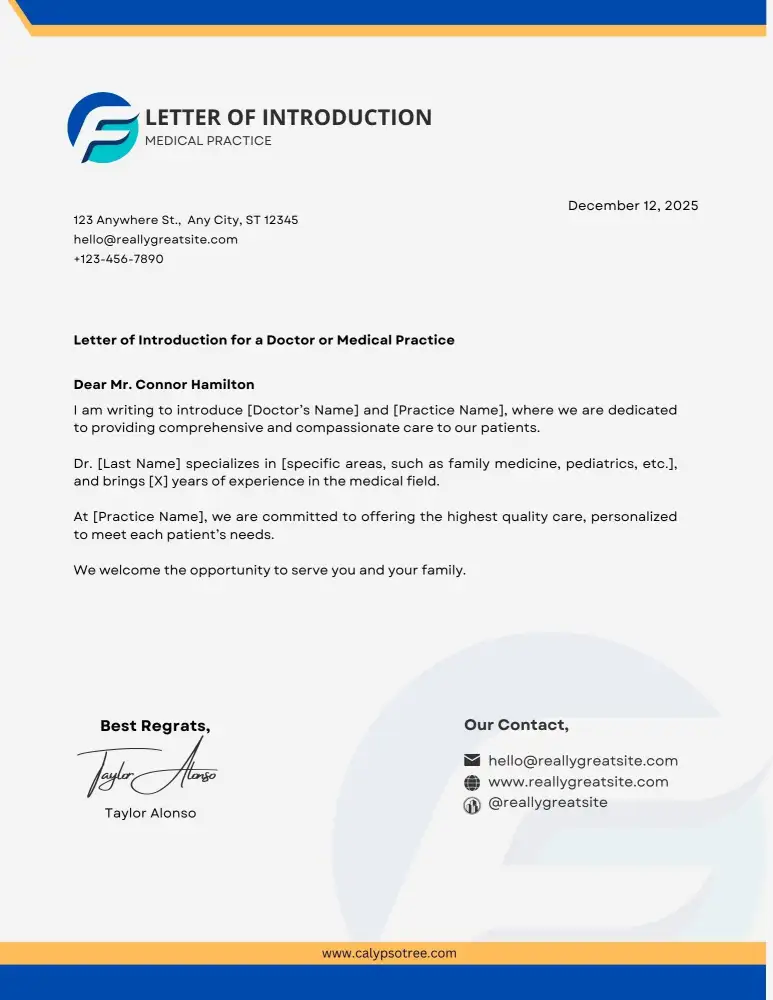 Professional Letter of Introduction for a Doctor or Medical Practice Professional Letter of Introduction for a Doctor or Medical Practice
