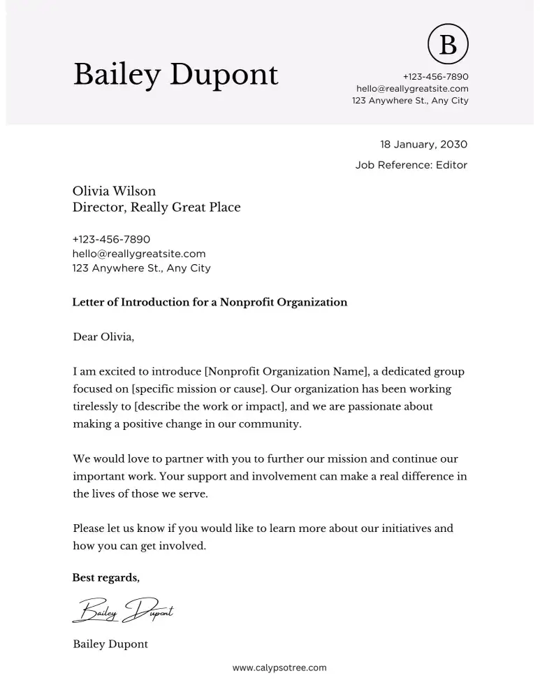 Professional Letter of Introduction for a Nonprofit Organization Professional Letter of Introduction for a Nonprofit Organization