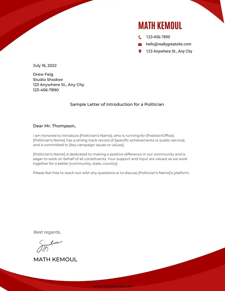 Professional Letter of Introduction for a Politician Professional Letter of Introduction for a Politician