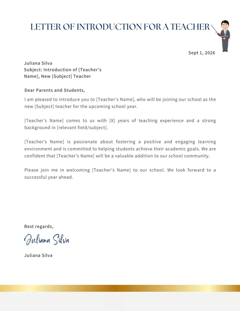 Professional Letter of Introduction for a Teacher Professional Letter of Introduction for a Teacher