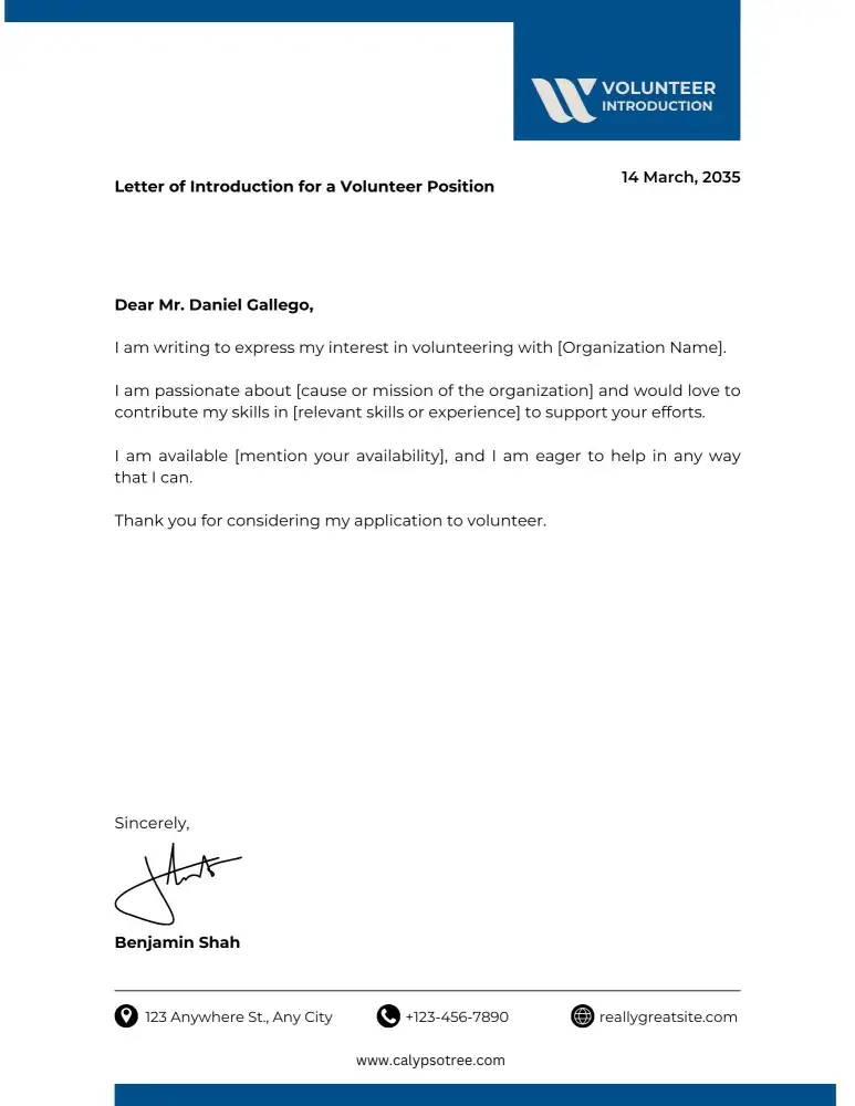 Professional Letter of Introduction for a Volunteer Position Professional Letter of Introduction for a Volunteer Position